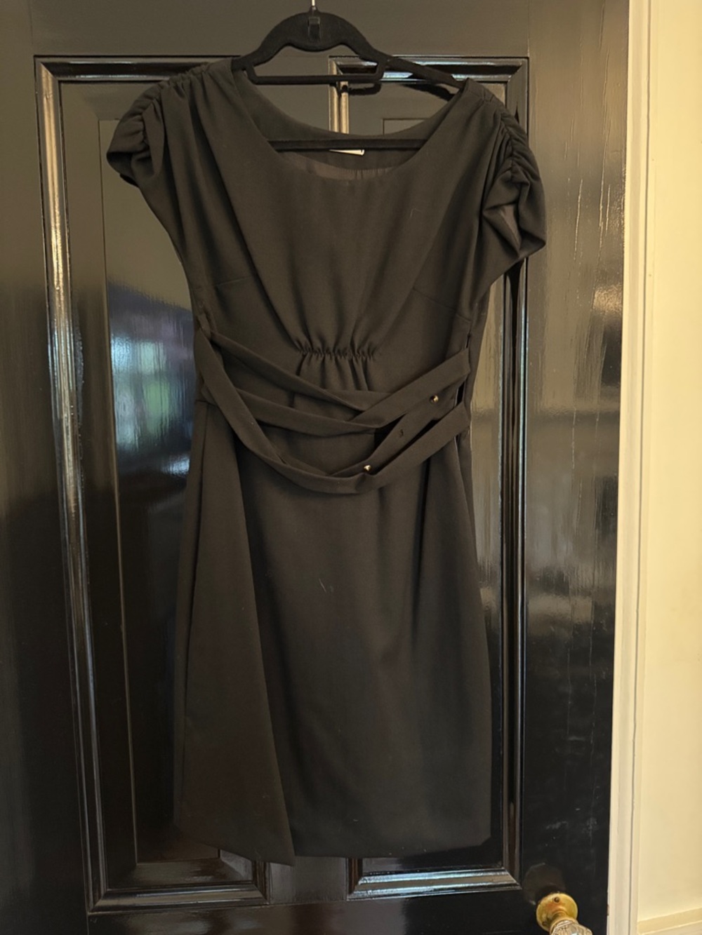 Loeffler Randall Black Midi Dress with Draped Waist Straps